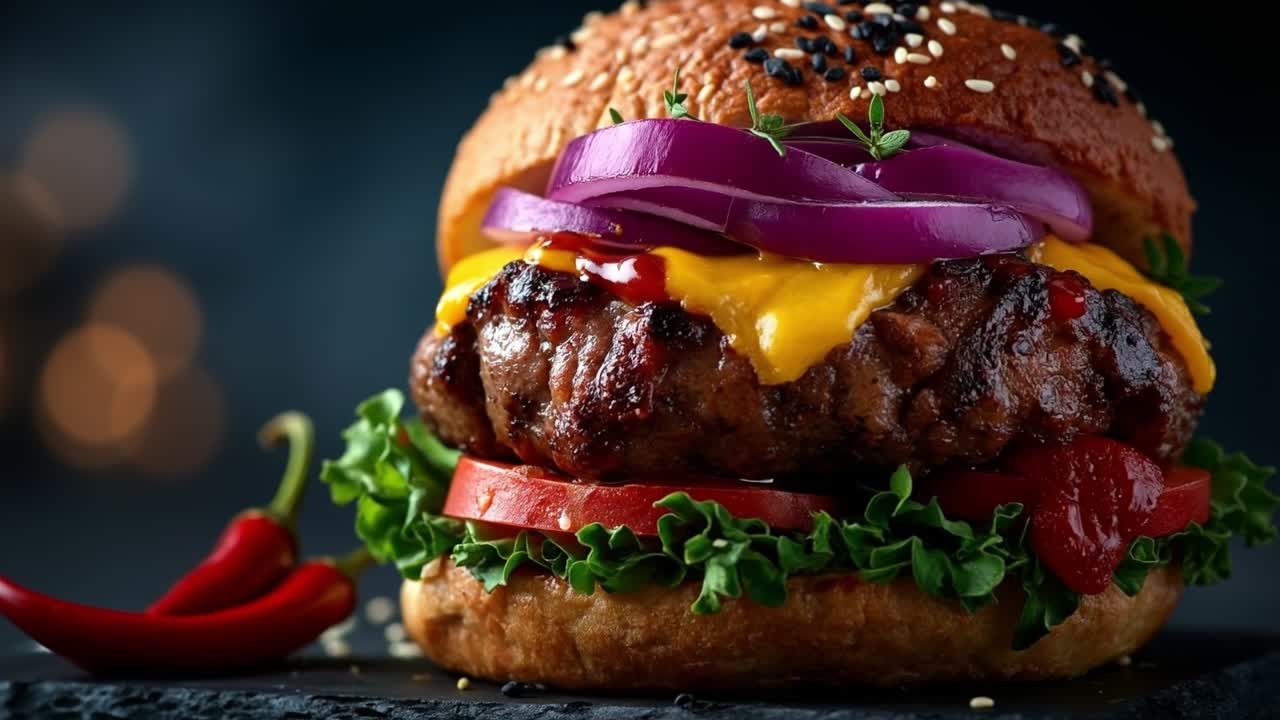 Delizioso hamburger gourmet di manzo con formaggio fuso, cipolle rosse e peperoncino su sfondo nero.