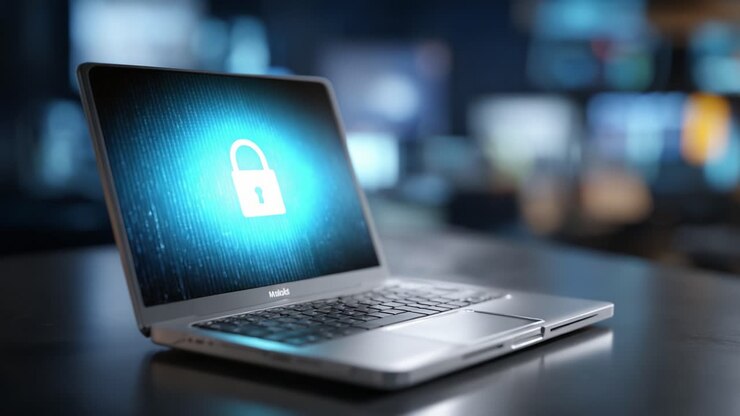 A visually striking depiction of a laptop displaying a secure lock symbol, representing cybersecurity and digital safety in a modern tech environment