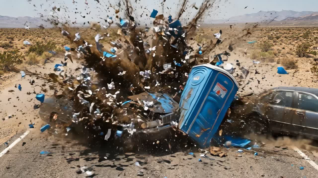 Mobile Toilette explodiert zwischen zwei kollidierenden Autos auf einer Wüstenstraße