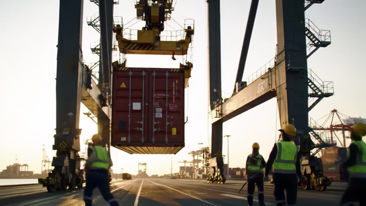 Dynamic Container Loading at Port: Workers in Safety Gear Operate Crane to Lift Shipping Container During Sunset in Busy Docking Environment