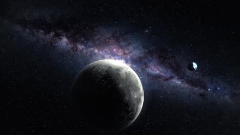 moviéndose a través del espacio revelando la distancia entre la luna y el planeta tierra con la vía láctea en el fondo