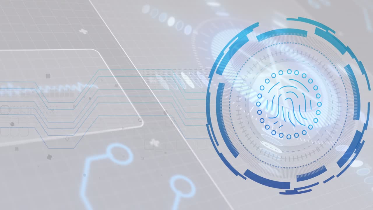 dotted grid appearing initiating circuit lines connecting to pulsing fingerprint verifying identity