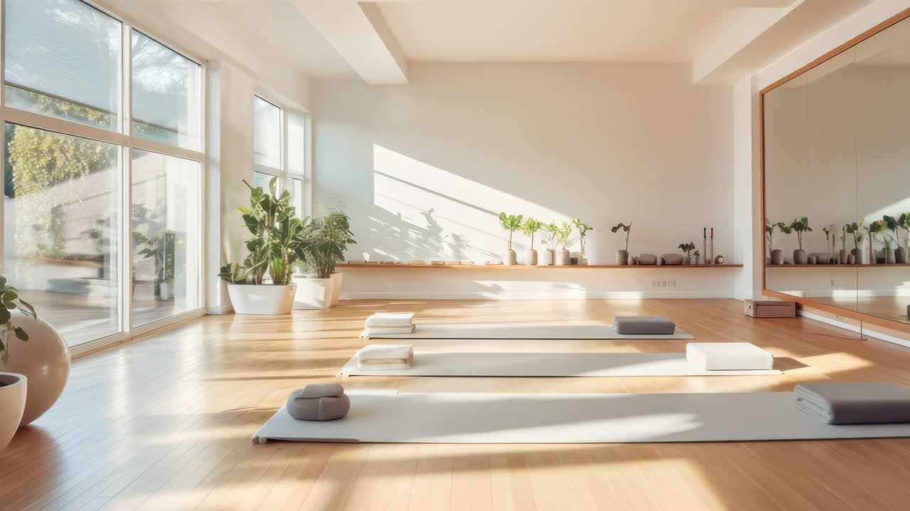 Bright yoga studio with large windows and plants, captured from a wide-angle