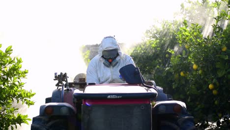 tractor spray pesticide and insecticide on lemon plantation in spain