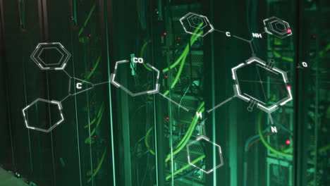 animación de estructuras moleculares conectadas a través de cables de maquinaria de servidor de datos en el fondo