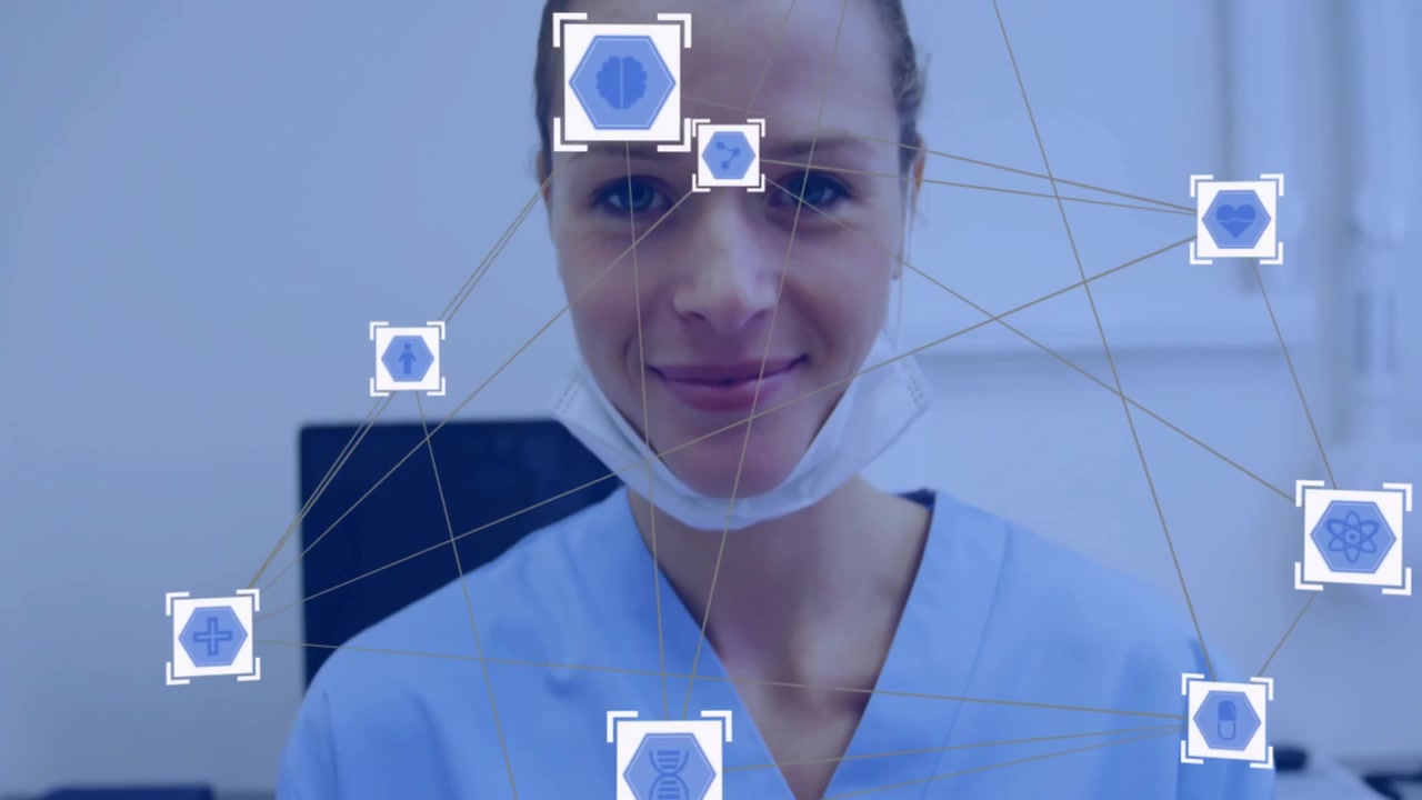 Dentista donna che tiene un vassoio di strumenti dentali con interfaccia medica digitale