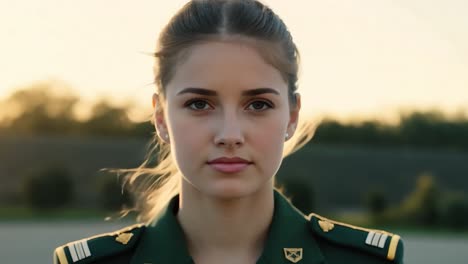 primer plano de una hermosa mujer joven en uniforme militar, posando con confianza para la cámara contra un impresionante fondo de puesta de sol, capturando la esencia de la atención médica y el servicio