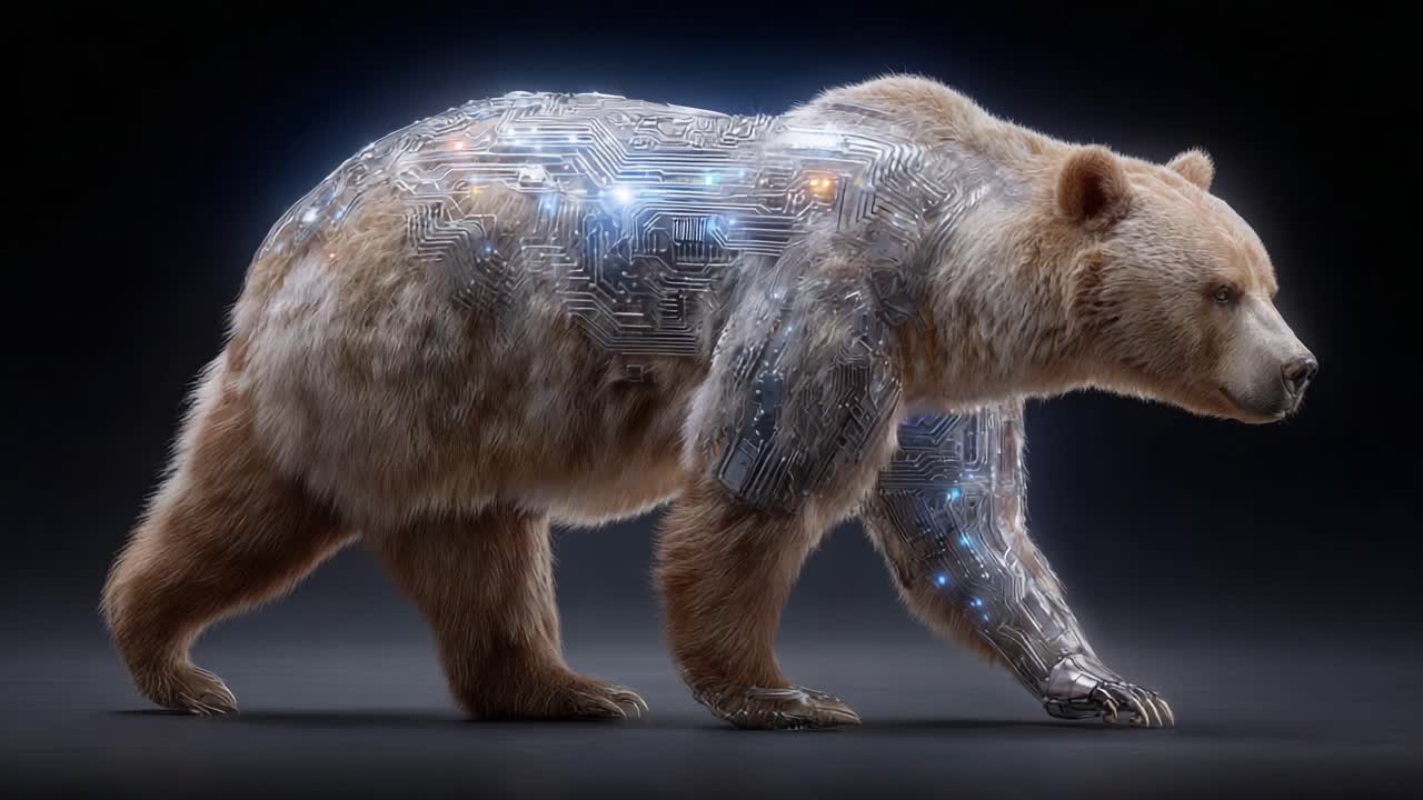 A Stunning Blend of Nature and Technology: A Bear with a Beautifully Enhanced Robotic Structure Showcases the Intersection of Wildlife and Artificial Intelligence