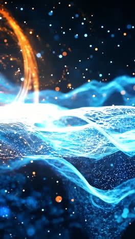 a blue and orange wave with a lot of sparkles. the blue is very bright and the orange is very bright