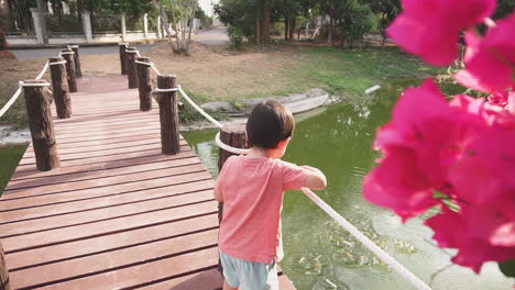 slow motion dolly clip of a two year old asian boy at the park enjoying feeding bread to the fish in an outdoor pond from a little wooden bridge at sunset