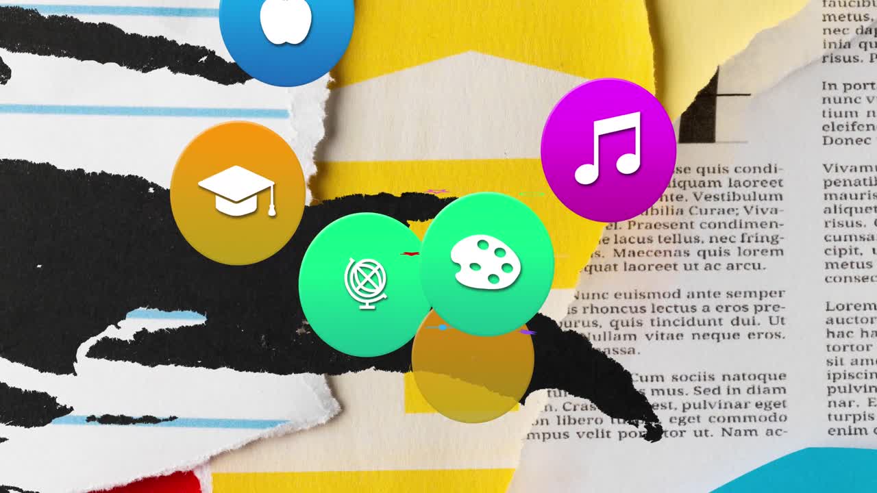 animación de iconos escolares sobre collage de papel