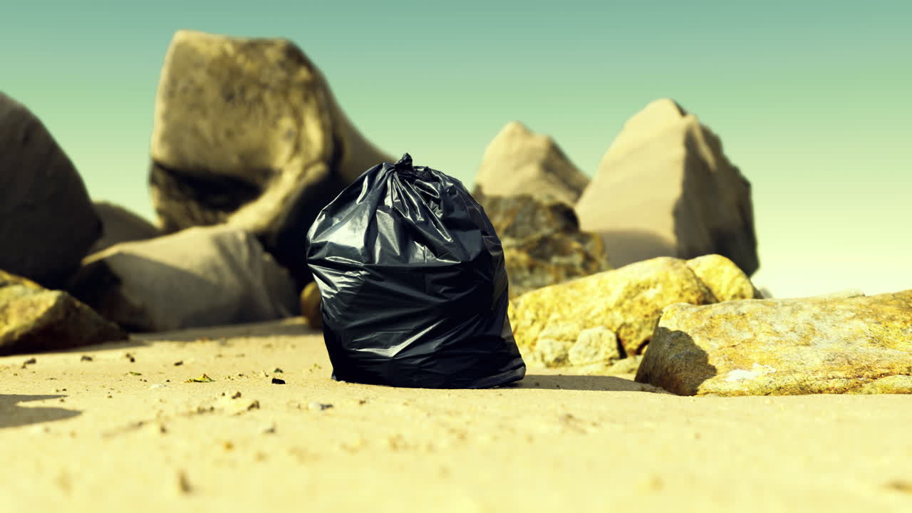 Black trash bag on sandy beach near large rocks under clear sky