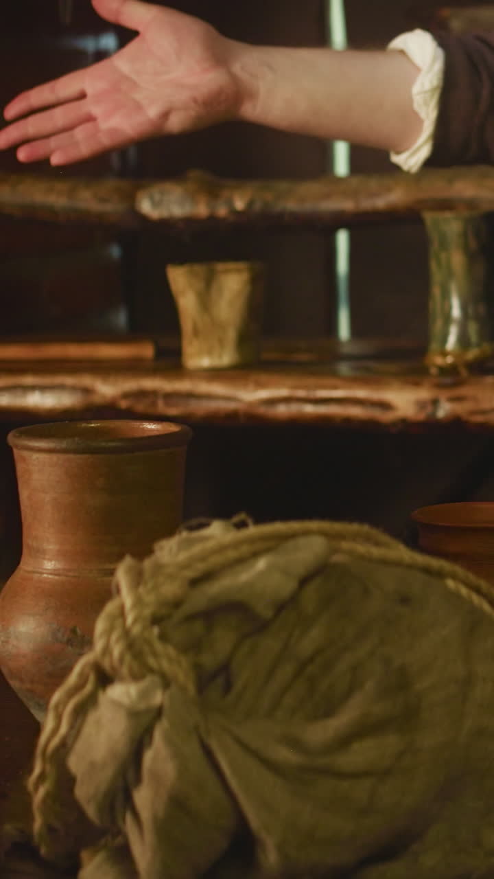 el vendedor se encoge de hombros mientras el caballero sale de la tienda de cerca. el comerciante medieval muestra la decepción de las mercancías ofrecidas por el viajero guerrero en el mercado. el comercio en la taberna