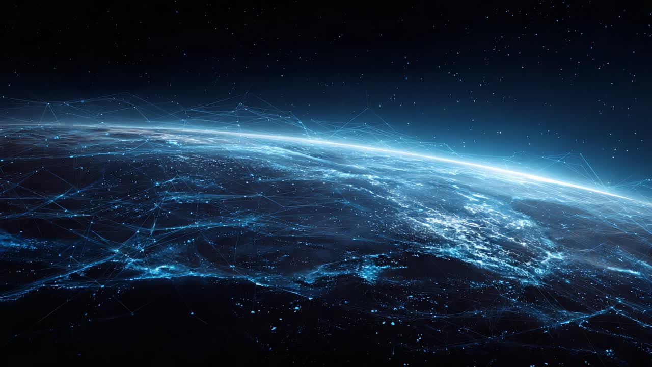 A Stunning Perspective of Earth from Space: A Captivating View of the Blue Planet Illuminated by Stars and Data Connections in the Vastness of the Universe