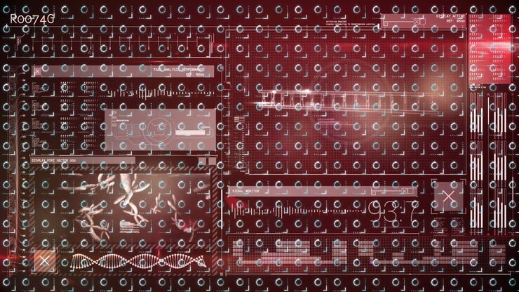 Animation of data processing over rotating loading circles on red background