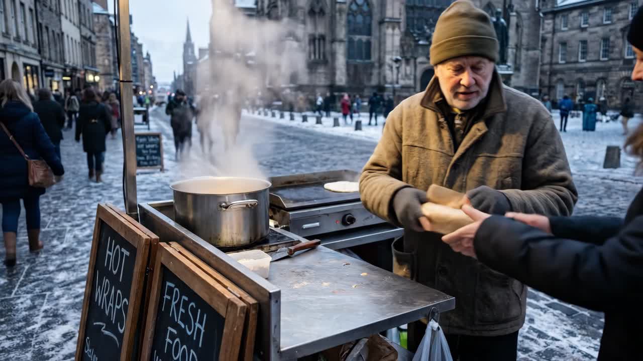Gateselger forbereder varme wraps til en kunde i en vinterby