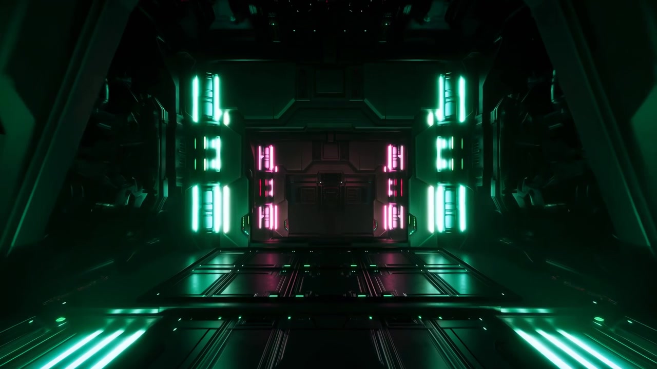 Zentriertes metallisches Portal in einem dunklen Sci-Fi-Korridor mit glänzend reflektierendem Boden und neon-magenta- und cyanfarbenen LED-Paneelen.