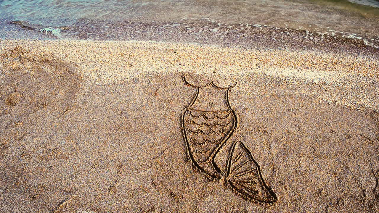 The mermaid's drawing on sand. Drawing on sand