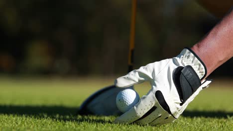 golfer placing golf ball on tee