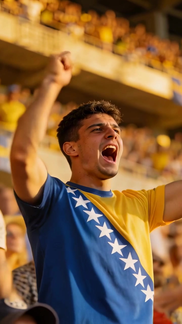 Vídeo vertical: Homem gritando com uma camisa de time estrelada, aplaudindo nas arquibancadas após a jogada, apoiando o time.
