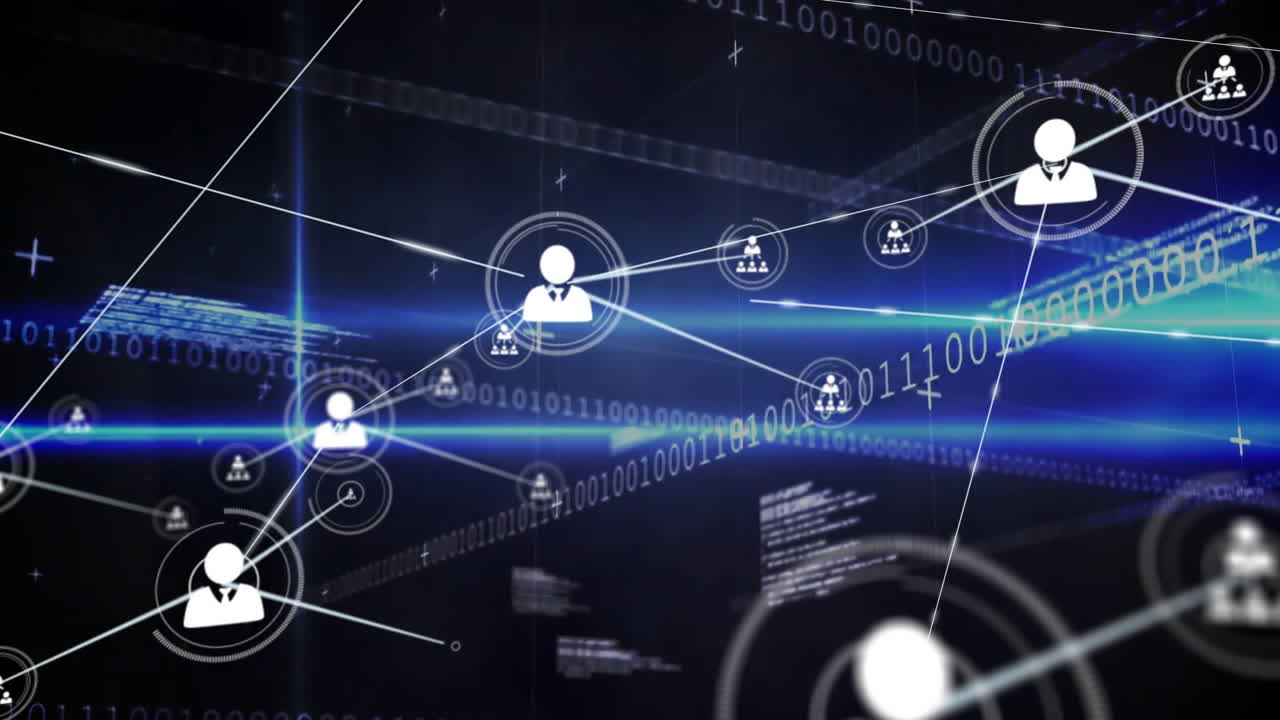Flat design user icons floating in nodes, connecting across network with streaming binary code