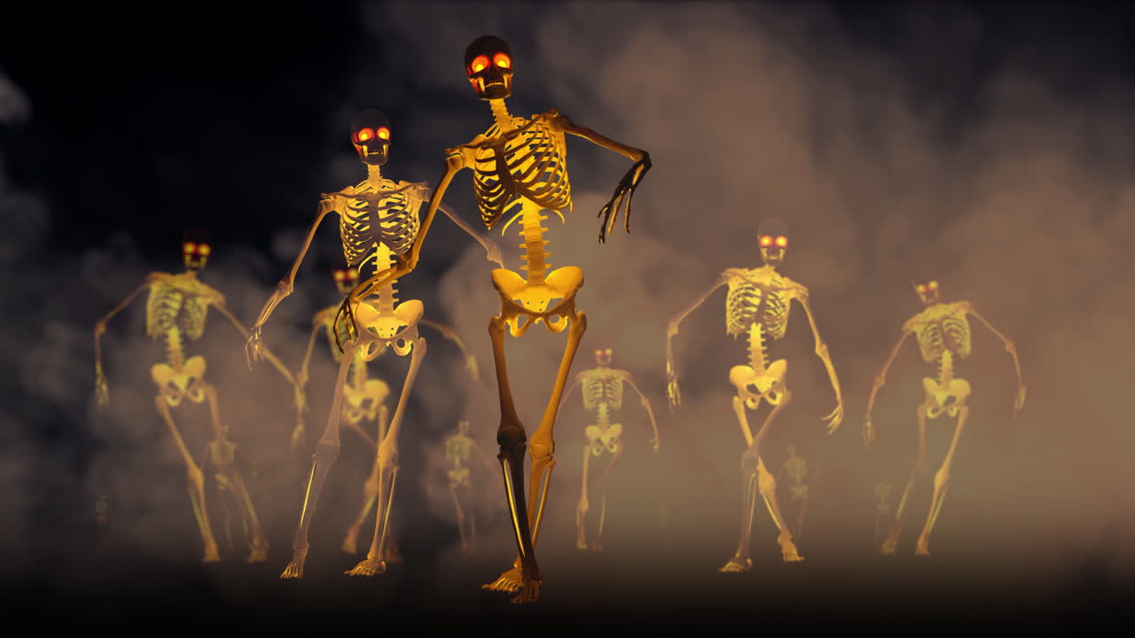 Spooky Skeletons with Glowing Eyes Emerging from Dark Smoke
