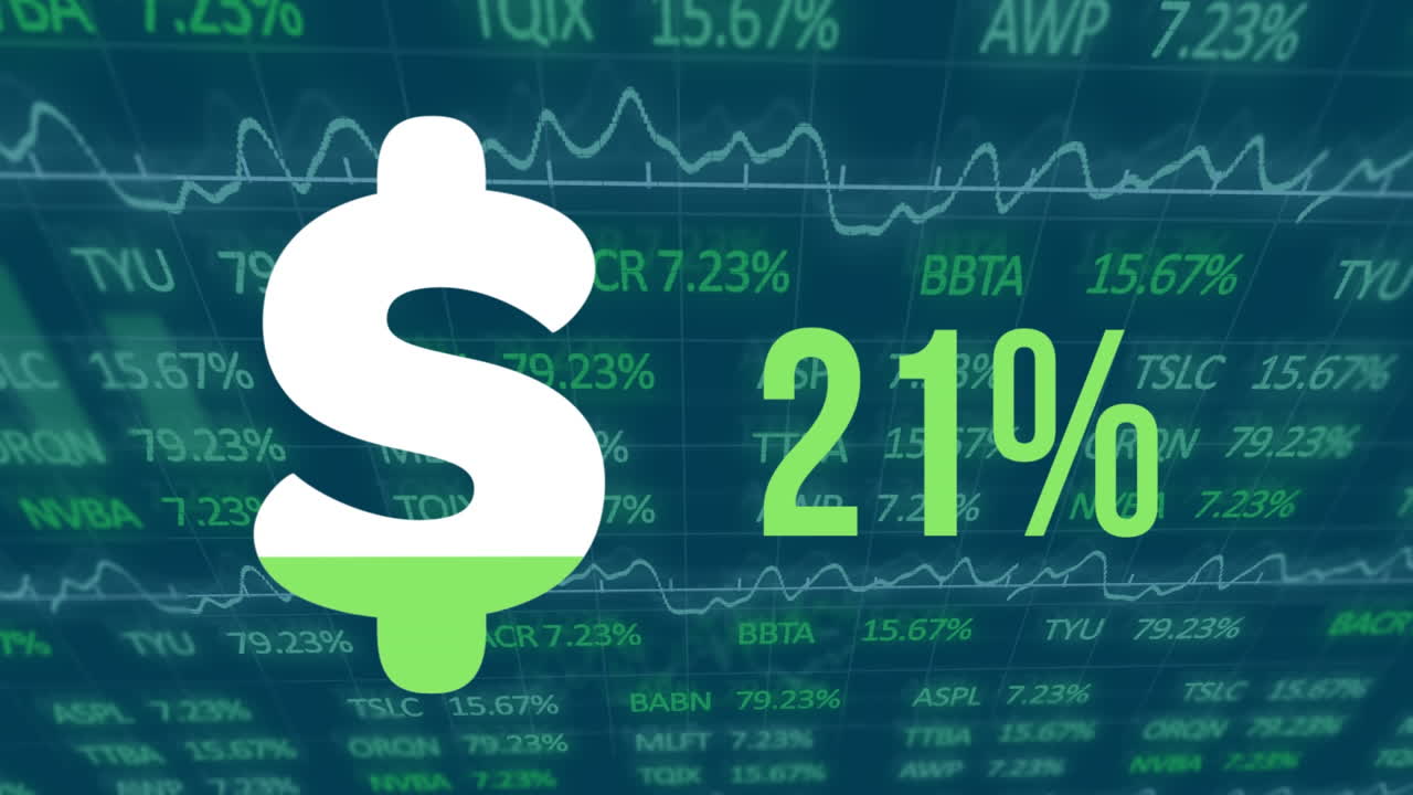 Animazione di elaborazione dati finanziari, simbolo di percentuale e dollaro americano