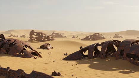 abandoned rusting wreckage in a vast desert: a haunting landscape of forgotten machinery eroded by time and elements
