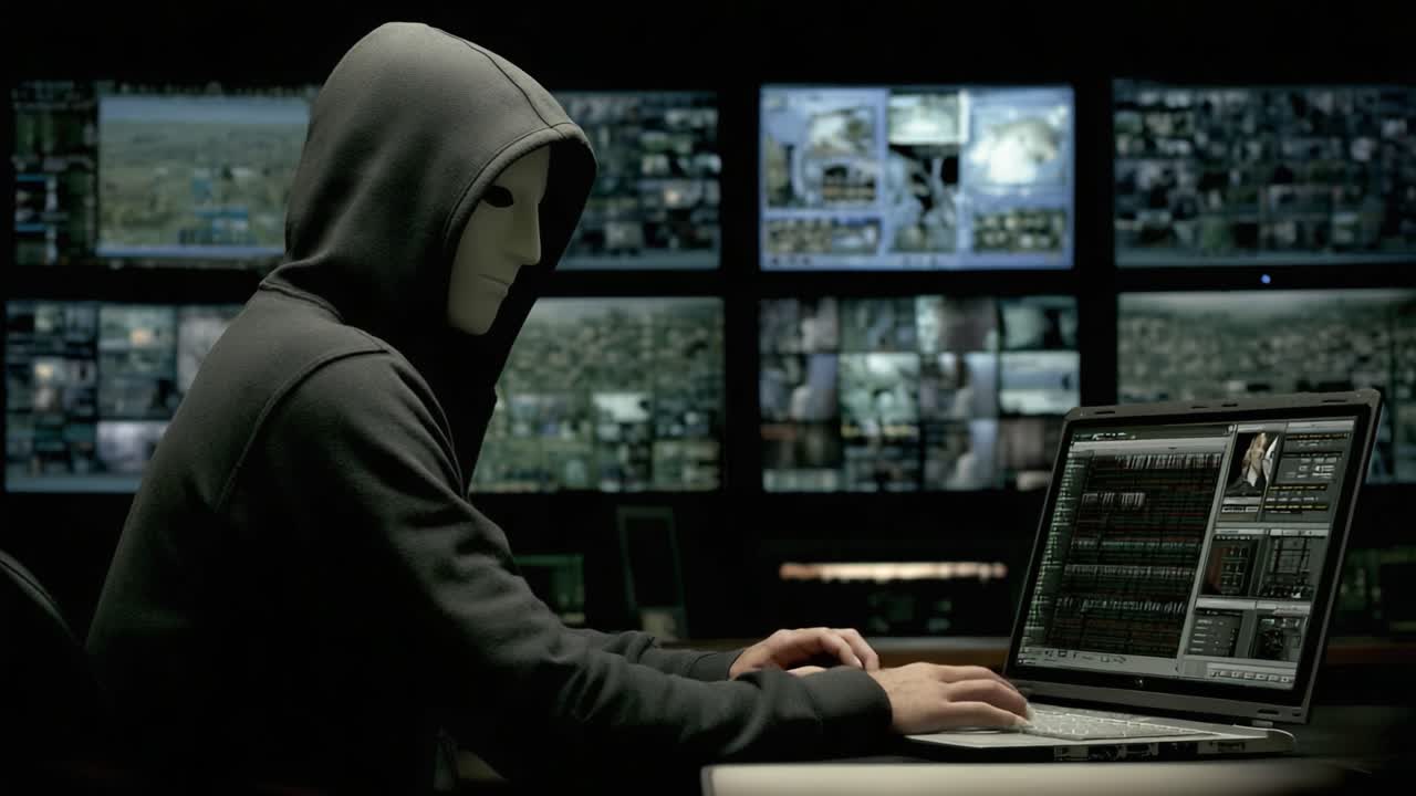 A hooded figure immersed in the digital realm, skillfully manipulating technology while observing multiple screens displaying intricate data and surveillance imagery