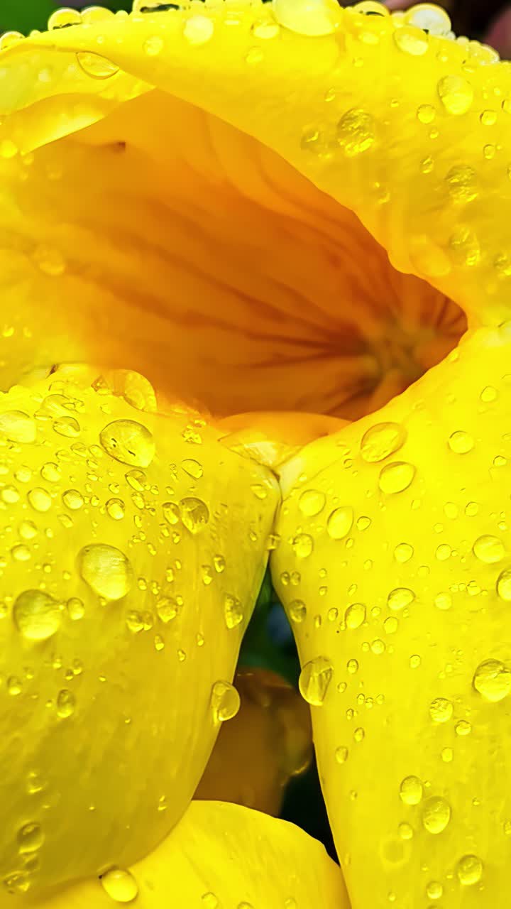 Dewdrops on the petals of a yellow flower. Vertical close-up