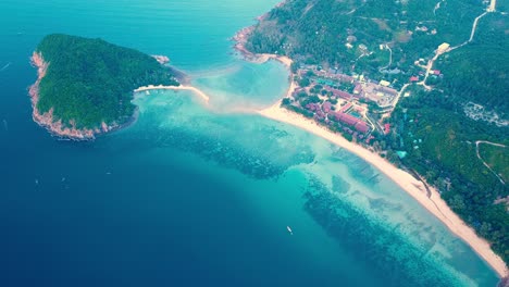 Koh-Ma-Push-In-of-Mae-Haad-Beach-Aerial-Drone-View-Tropical-Island-Destination-North-Koh-Phangan-Island-Gulf-of-Thailand