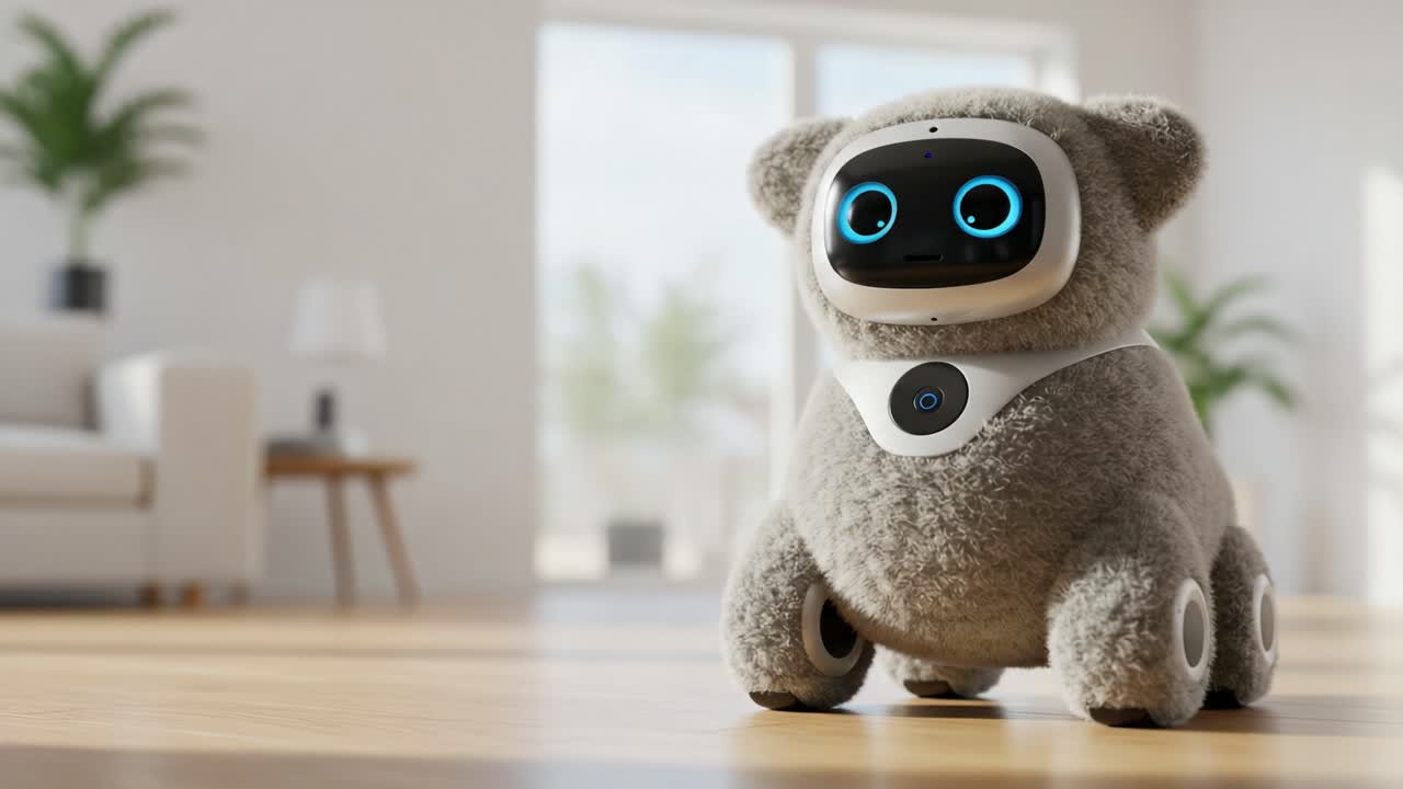 A Playful Robotic Companion: A Fluffy, Friendly Bot with Blue Eyes and a Soft Texture, Ready to Engage and Delight in a Bright, Modern Living Space