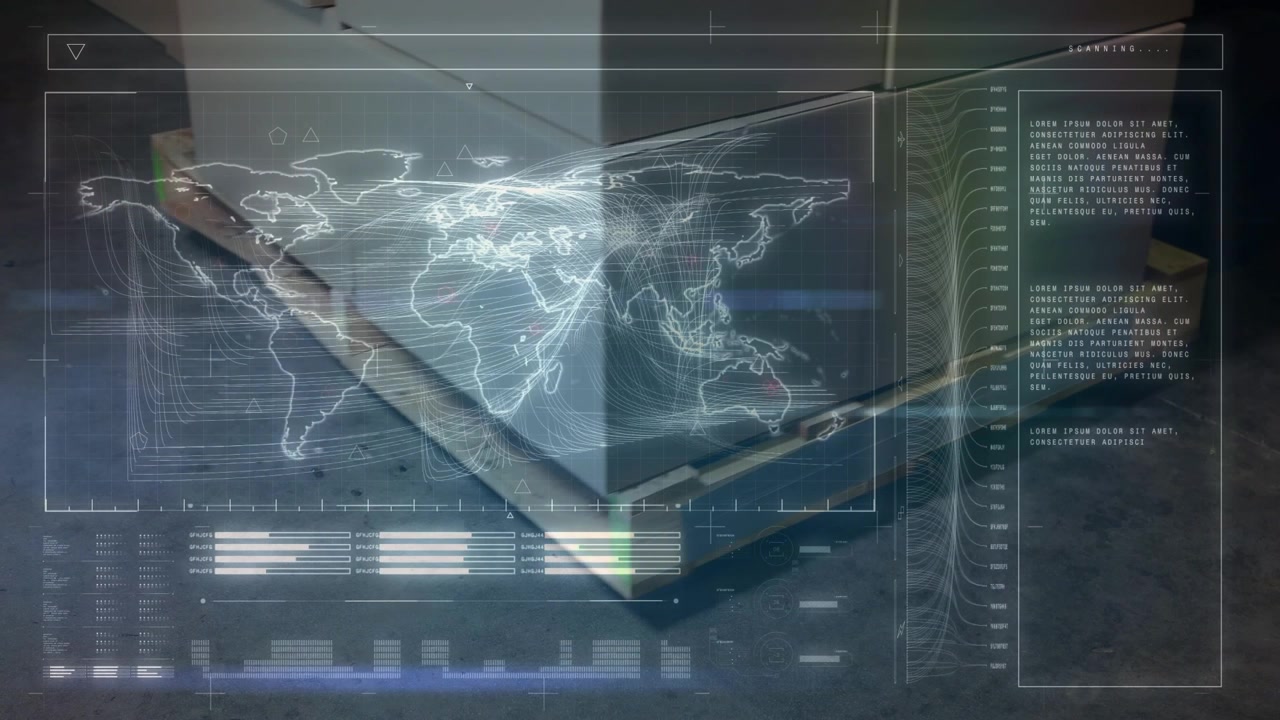 Animation of data processing and world map over packages in warehouse
