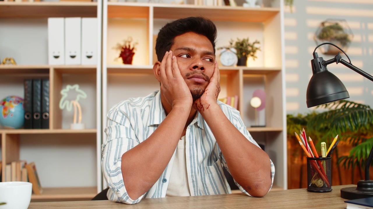 Indian man on home table leaning on hands looking exhausted after long remote work indoors at home