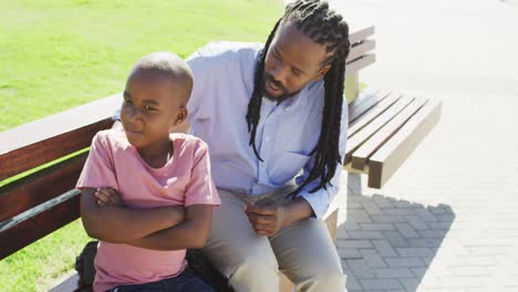 Video-of-african-american-father-sitting-on-bench-and-talking-with-angry-son