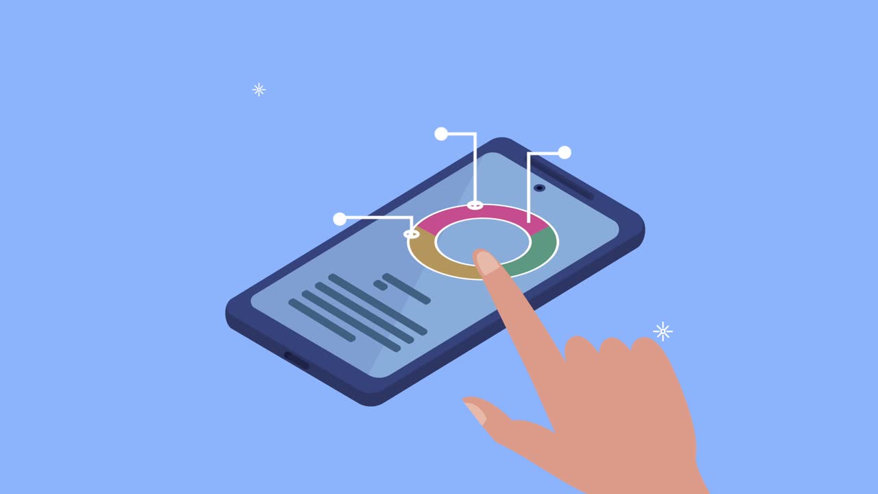 tocan el teléfono inteligente con las estadísticas pastel