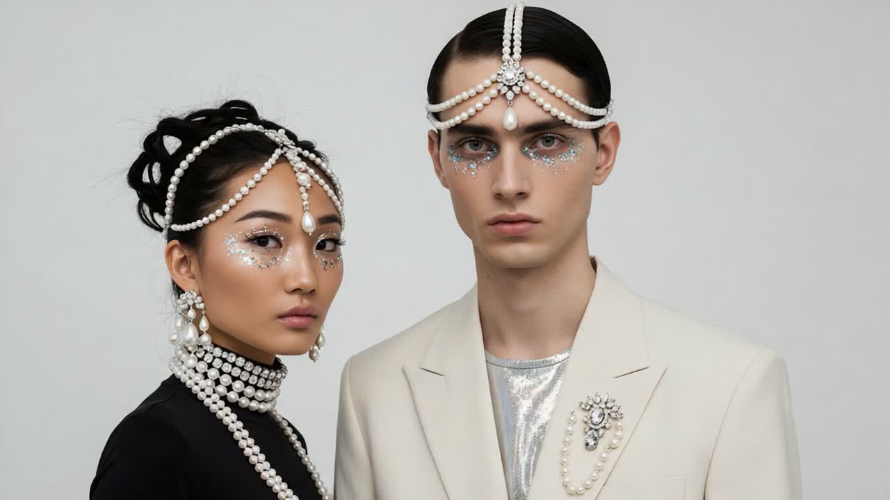 Elegant Fashion Portrait Featuring Two Models Adorned with Pearls and Glitter, Showcasing a Unique Blend of Contemporary and Classic Styles in a Minimalist Setting