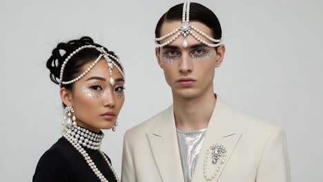 elegant fashion portrait featuring two models adorned with pearls and glitter, showcasing a unique blend of contemporary and classic styles in a minimalist setting