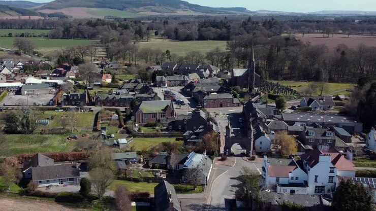 Aerial view of the Scottish town of Fettercairn on a sunny spring day, Aberdeenshire, Scotland