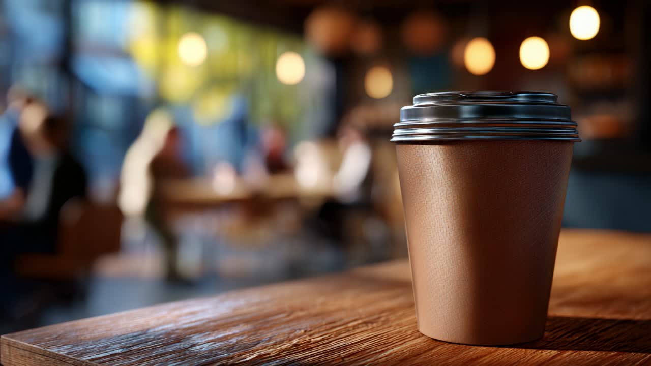Uma xícara de café quente em uma mesa de madeira rústica em um café aconchegante com plano de fundo desfocado, iluminação irregular e pessoas aproveitando seu tempo