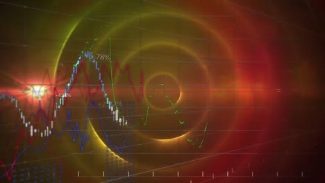 Animation-of-multiple-graphs,-numbers-and-lens-flare-over-multicolored-circular-pattern