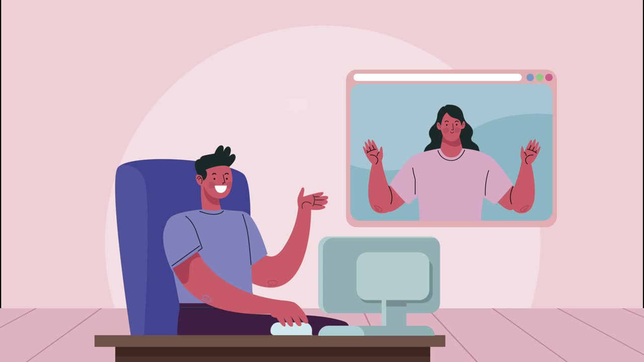 video conference animation with couple using desktop