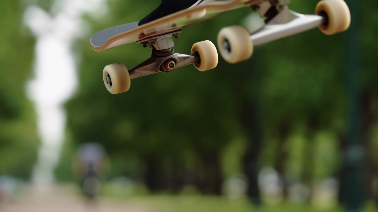 Close low angle view of skateboard suspended above blurred park pathway, revealing underside deck, metal trucks, beige wheels, and subtle foot pressure on board in bright outdoor light