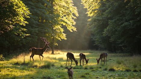 deers in a forest at sunrise/sunset