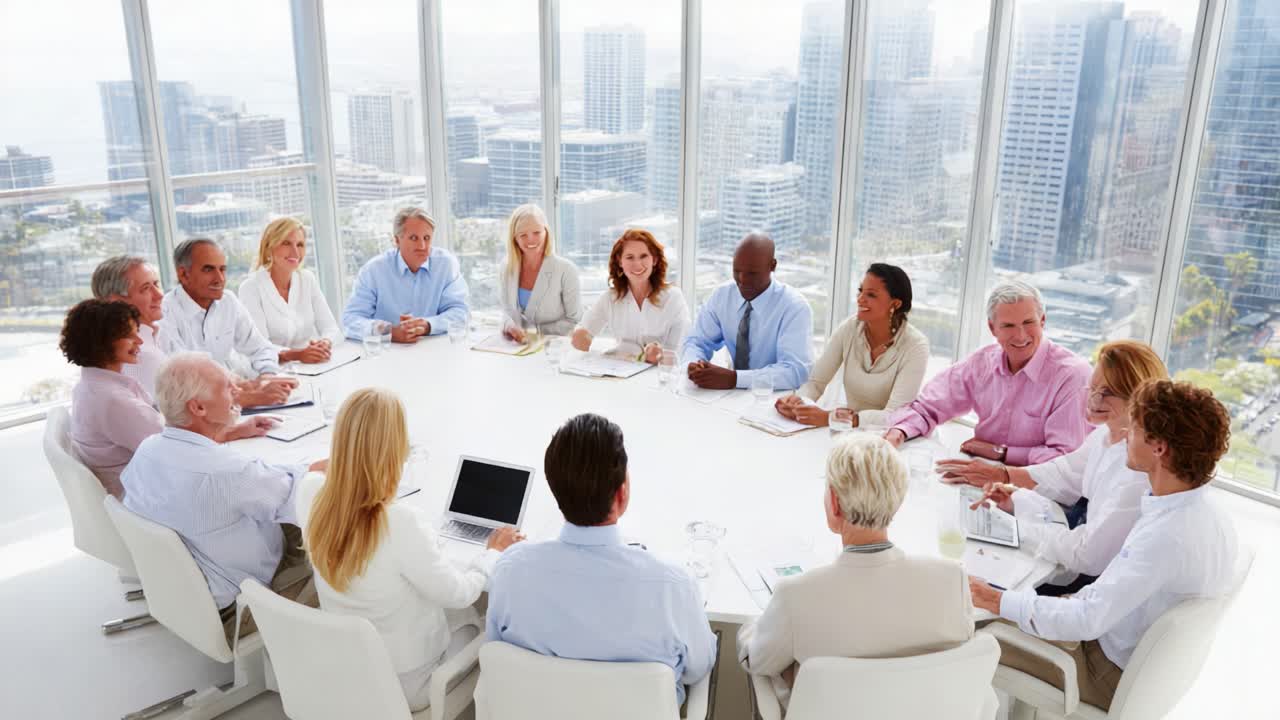 A Diverse Group of Professionals Engaged in Thoughtful Discussion Around a Sleek Conference Table with a Scenic City Background