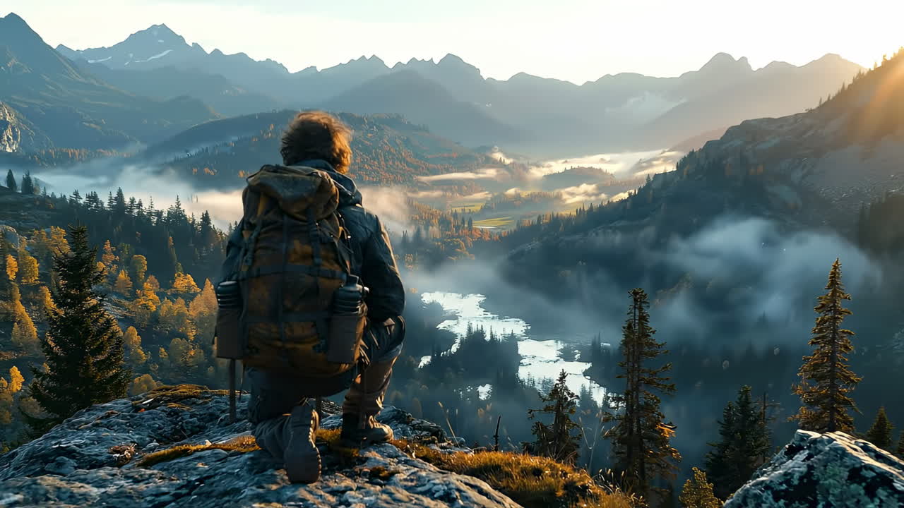 Hiker at sunrise in mountains. A person with a backpack kneels on a rock looking out over a valley at sunrise with mountains in the background