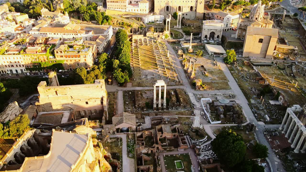 Golden light reveals Roman ruins as vision of future merging history, progress