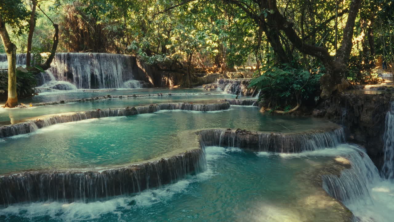 Beautiful cascading waterfalls in a lush green forest