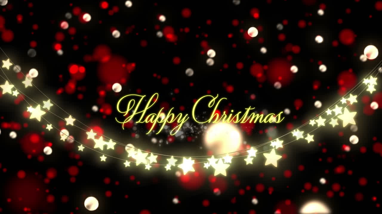 행복한 크리스마스 텍스트와 요정 빛의 반 ⁇ 이는 문자열의 애니메이션