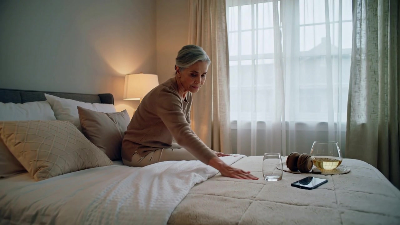 Smoothing senior in sweater tucking duvet in bedroom by tray, tidying bed as daylight filtering